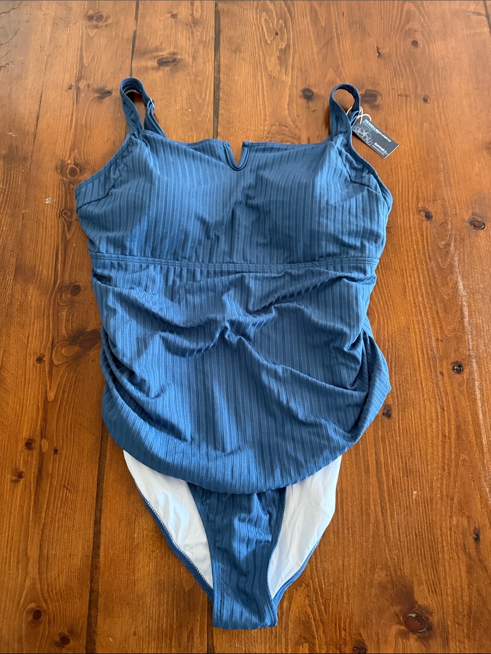 Sleek Slate Blue One-Piece Swimsuit with Subtle Rib Detail